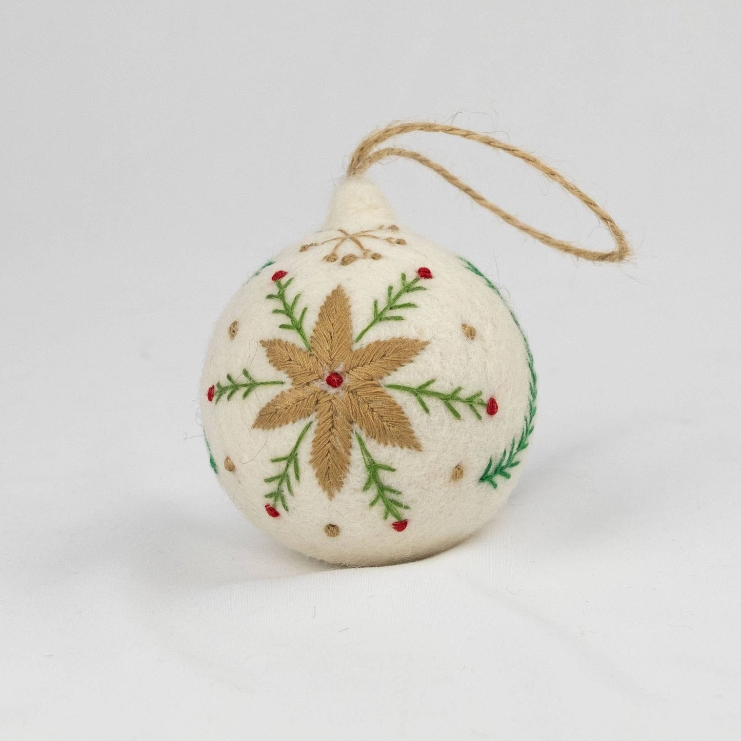 Holiday Ornament Hand Embroidered White Felt