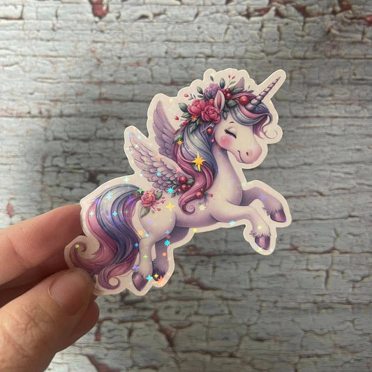 Pretty Rose Unicorn Die Cut Vinyl Sticker: Stars holo / Loose/unpackaged