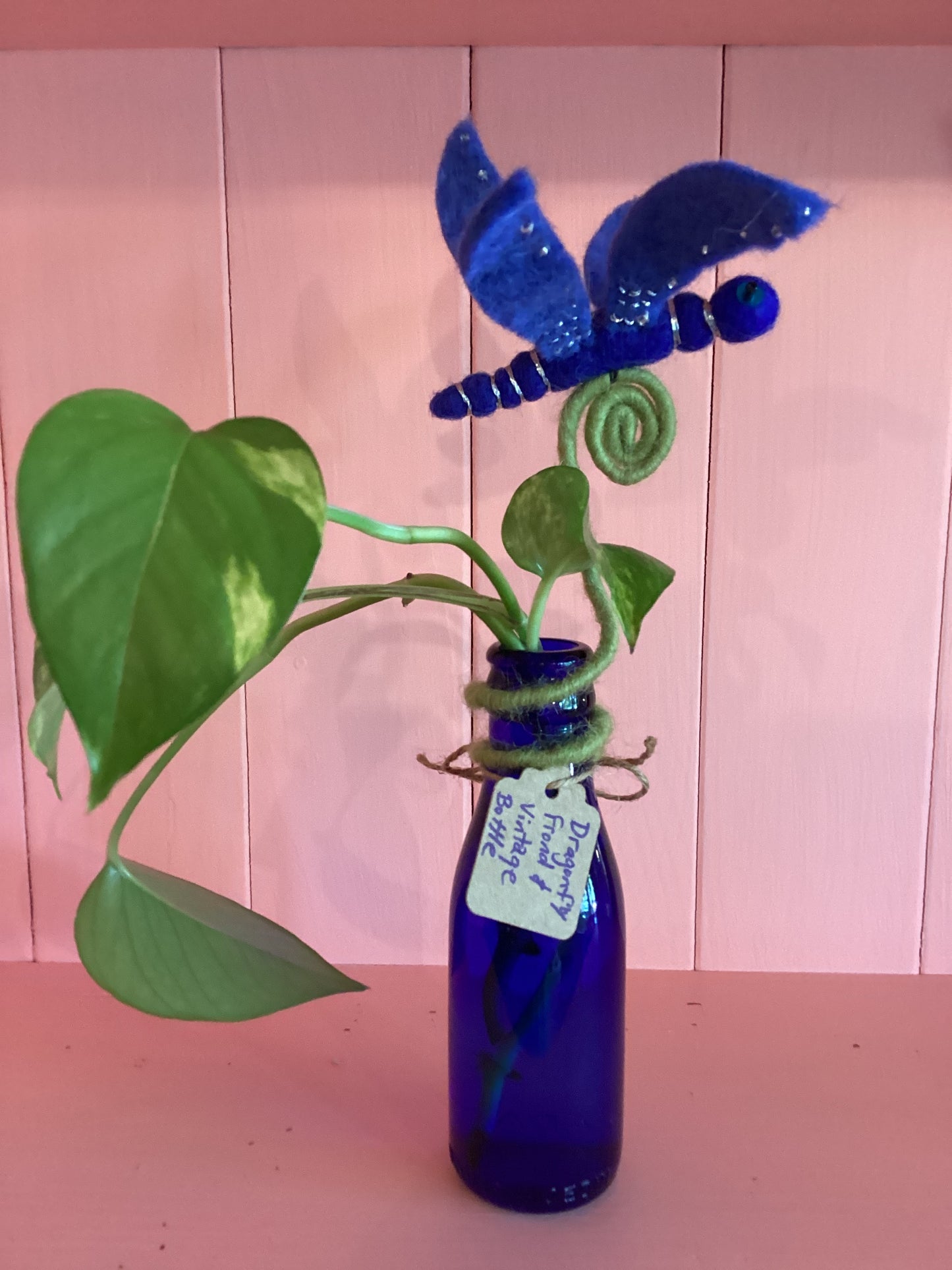 Dragonfly Frond Friend on Vintage Bromo-Cedin Blue Glass Bottle