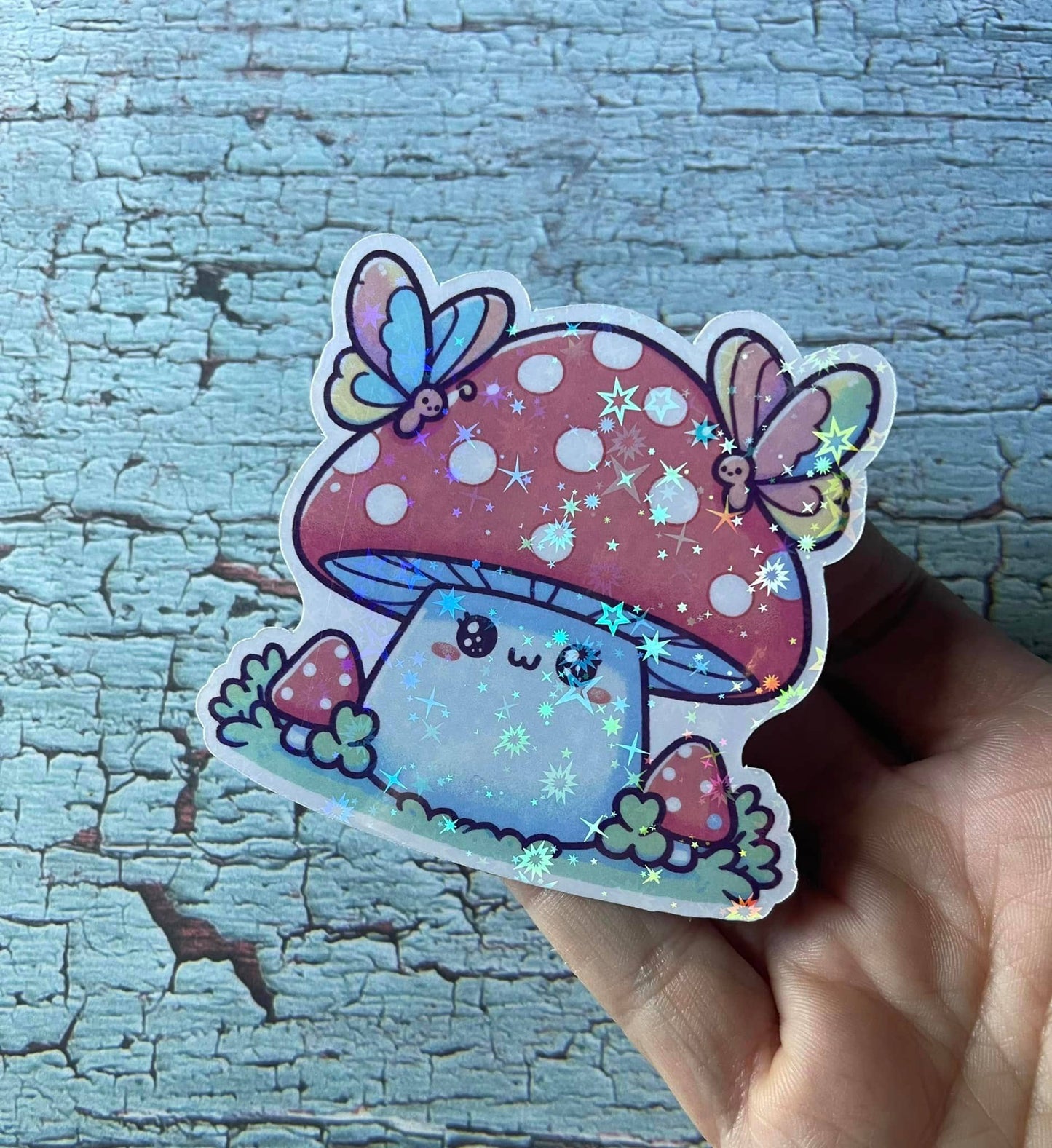 Mushroom & Butterflies Holographic Die Cut Vinyl Sticker