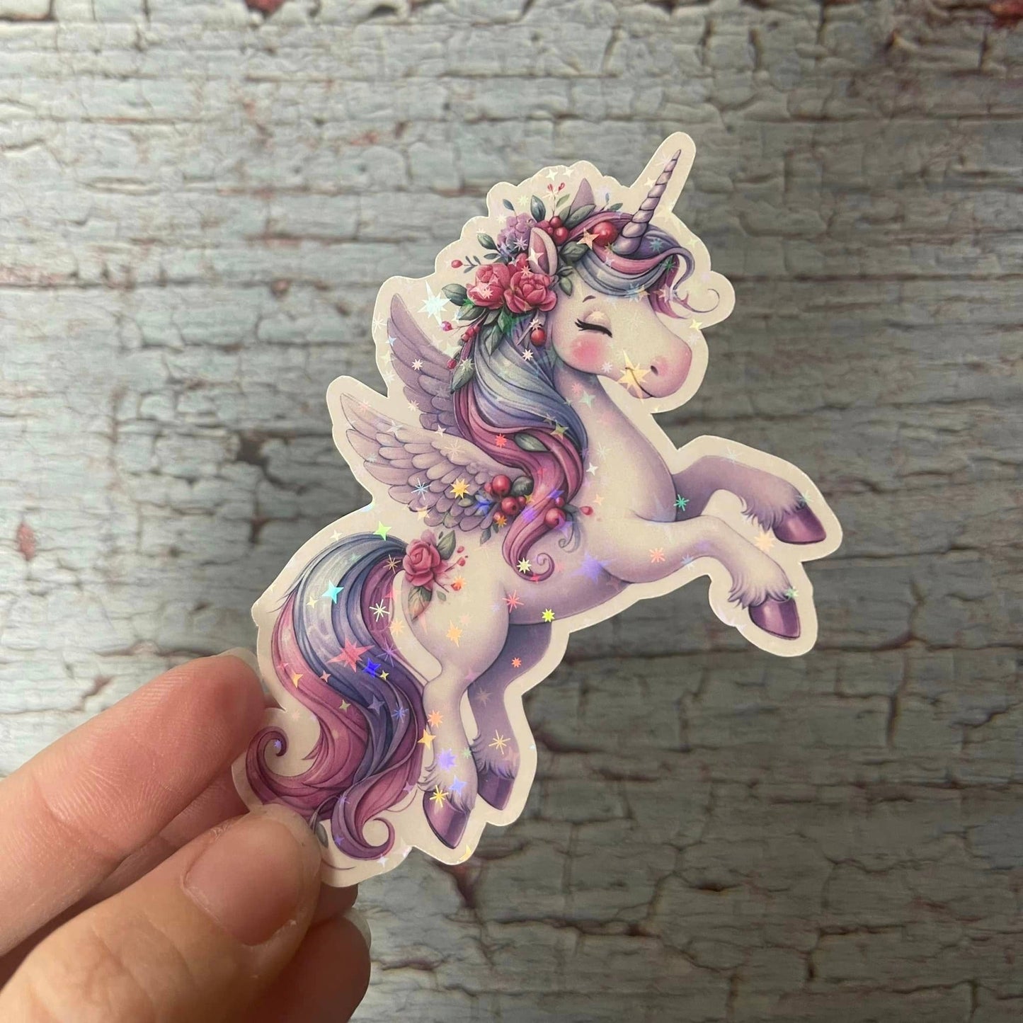 Pretty Rose Unicorn Die Cut Vinyl Sticker: Rainbow holo / Loose/unpackaged