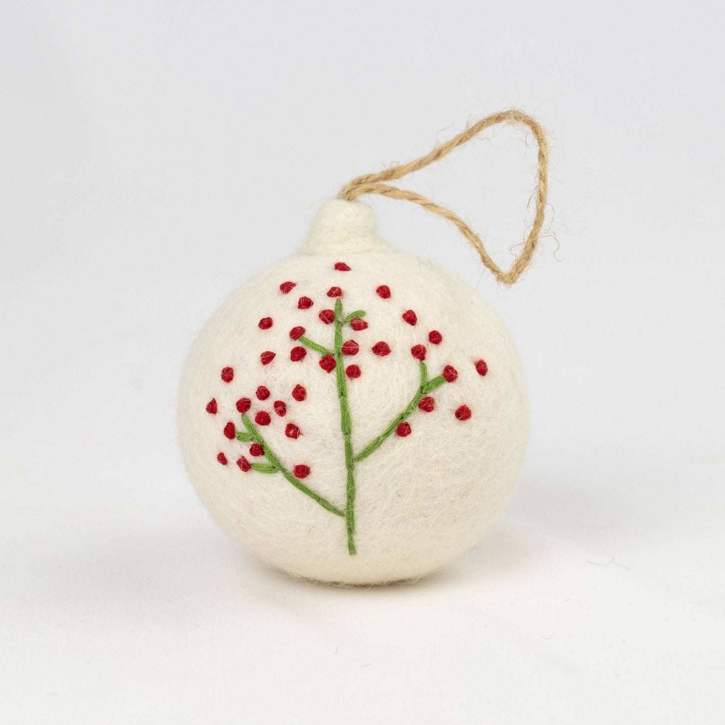 Holiday Ornament Hand Embroidered White Felt