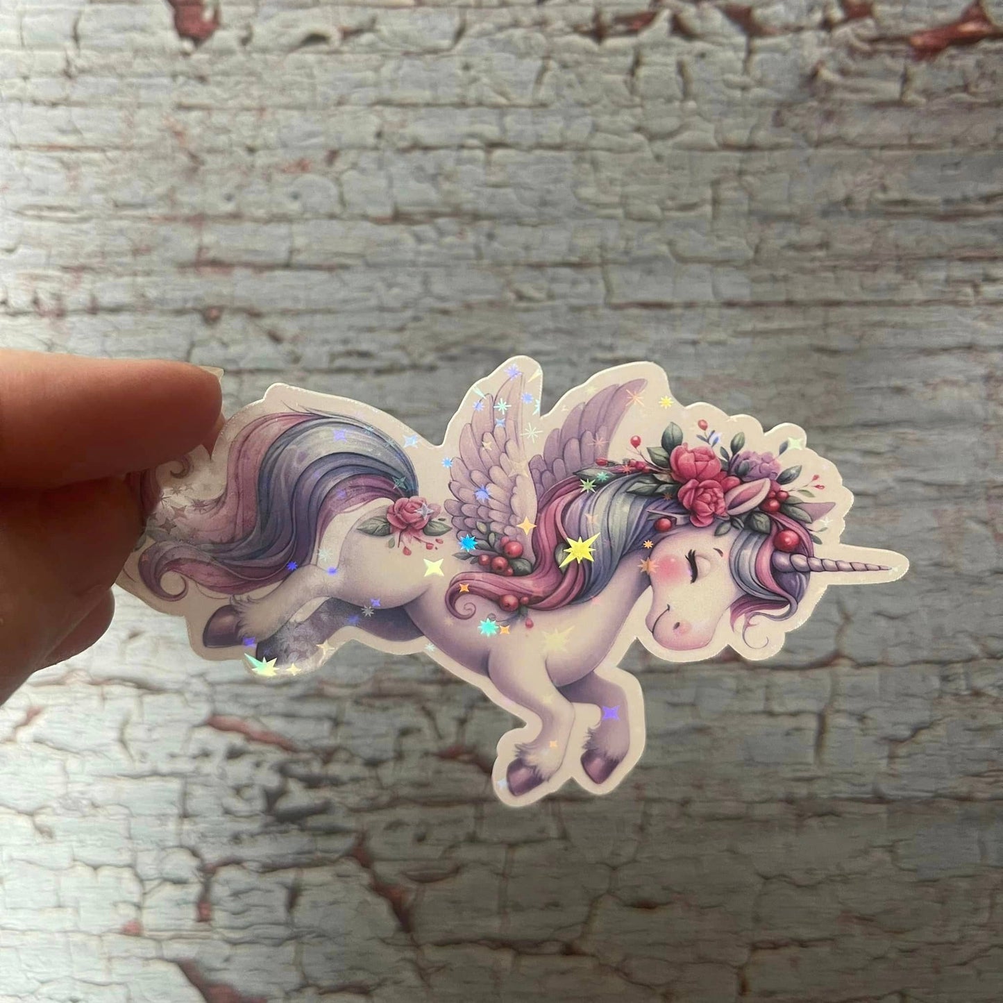Pretty Rose Unicorn Die Cut Vinyl Sticker: Rainbow holo / Loose/unpackaged