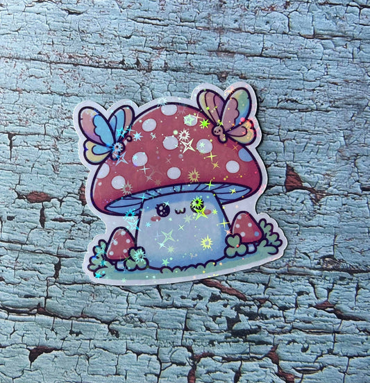 Mushroom & Butterflies Holographic Die Cut Vinyl Sticker