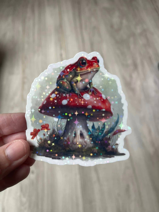 Red Frog On Mushroom Die Cut Vinyl Sticker: Rainbow holo / Loose/unpackaged