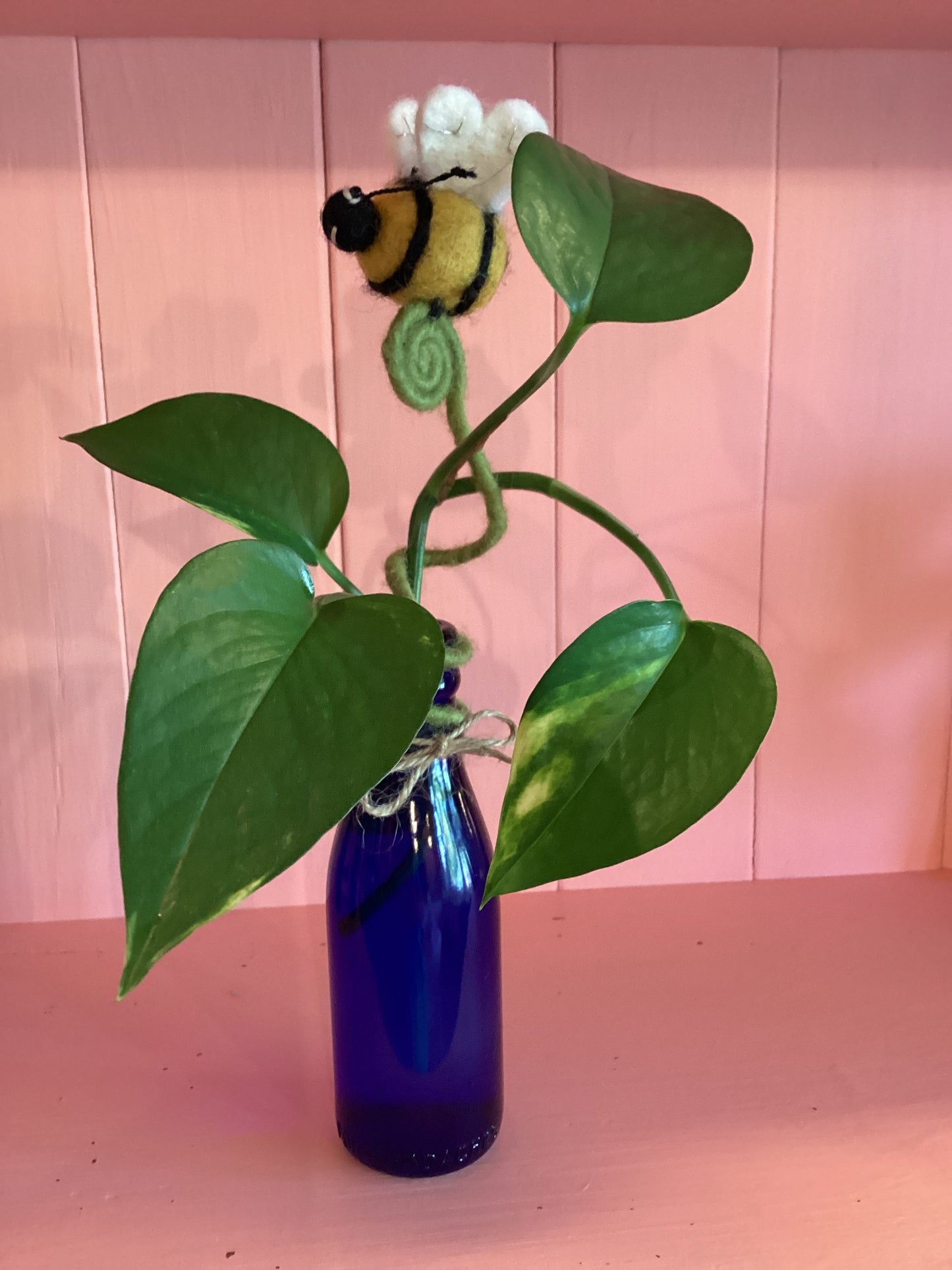 Honey Bee Frond Friend on Vintage Blue Bottle