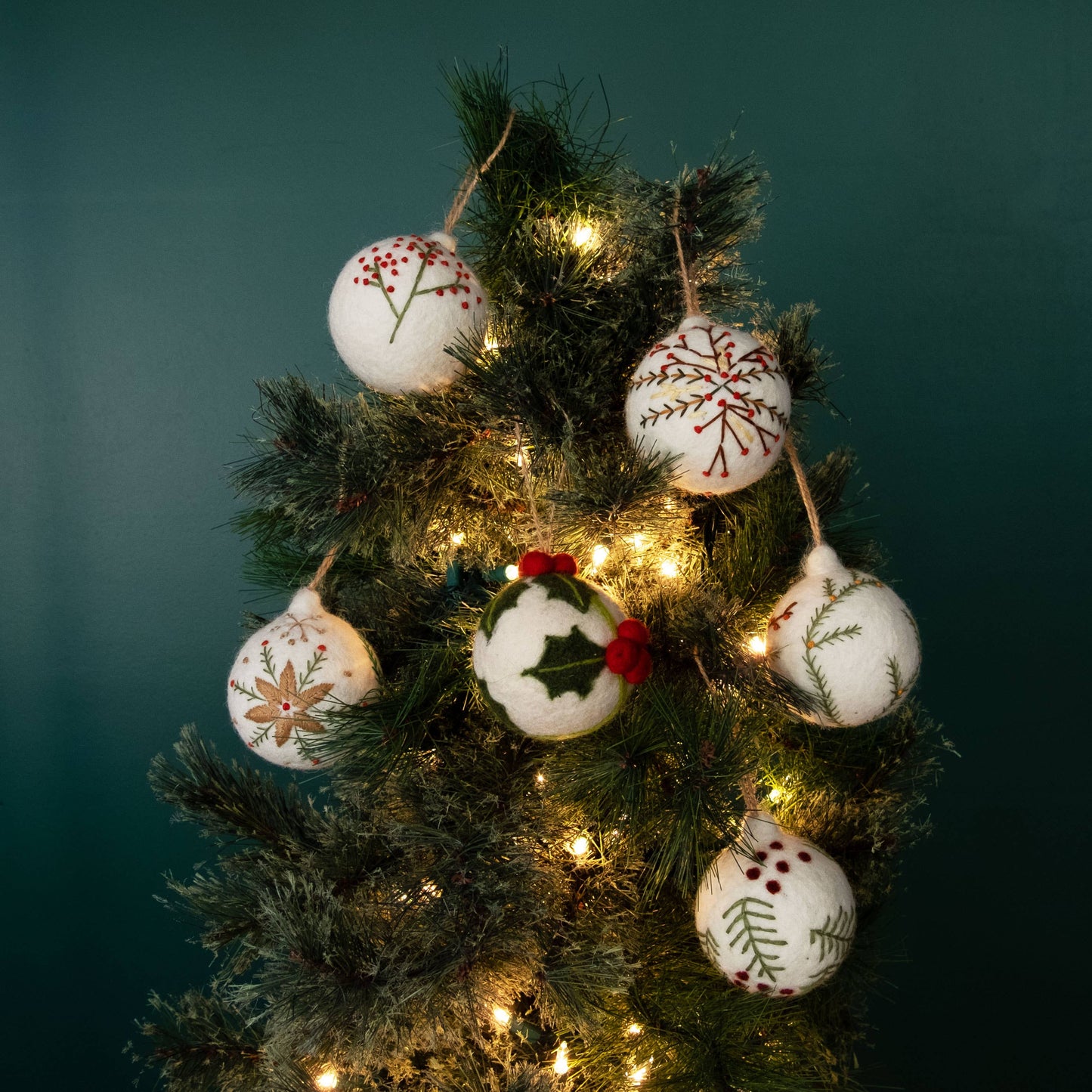 Holiday Ornament Hand Embroidered White Felt