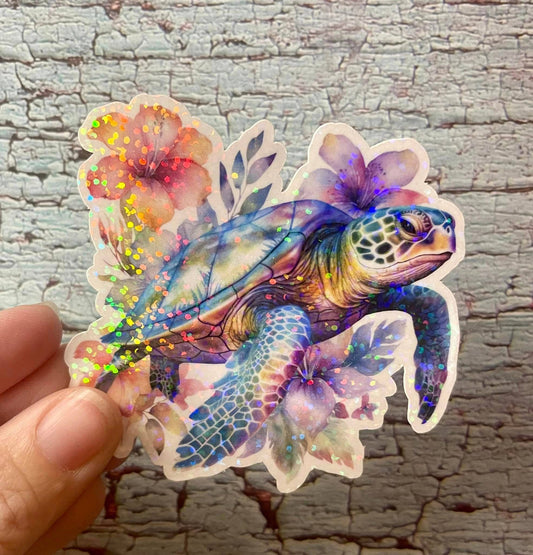 Sea Turtle Watercolor Die Cut Vinyl Sticker: Little dots holo / Loose/unpackaged