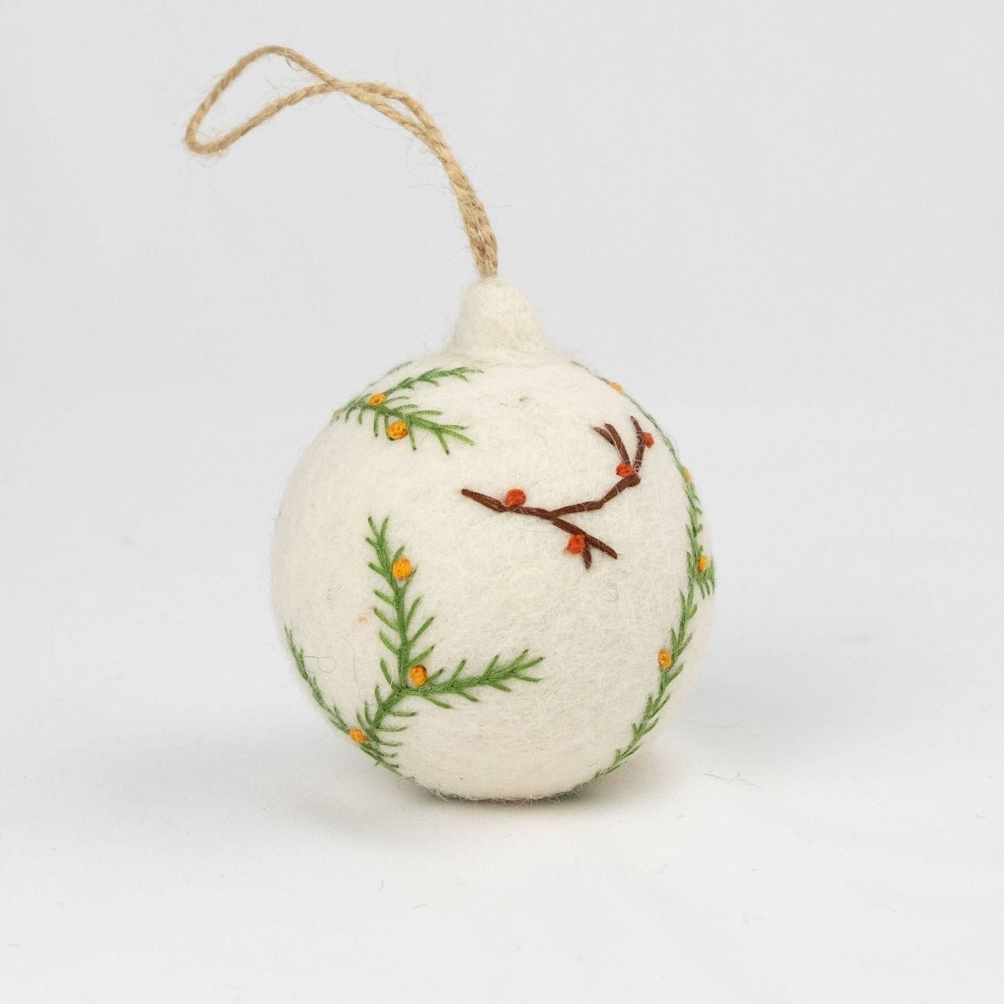 Holiday Ornament Hand Embroidered White Felt
