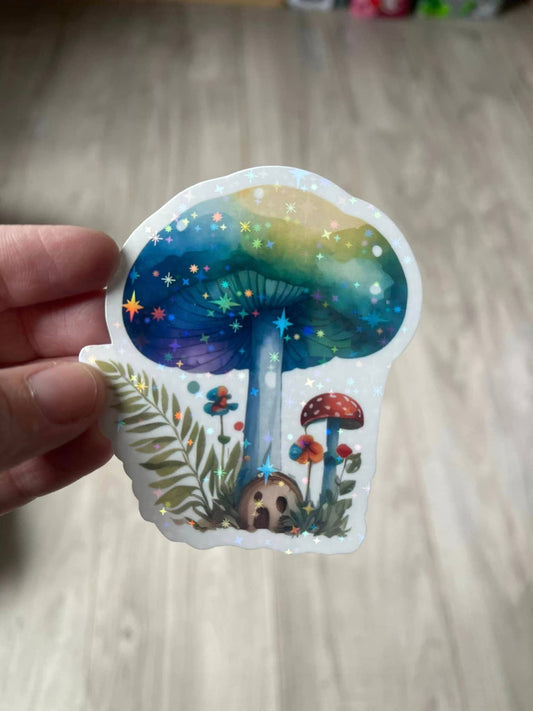 Rainbow Mushroom Holographic Die Cut Vinyl Sticker