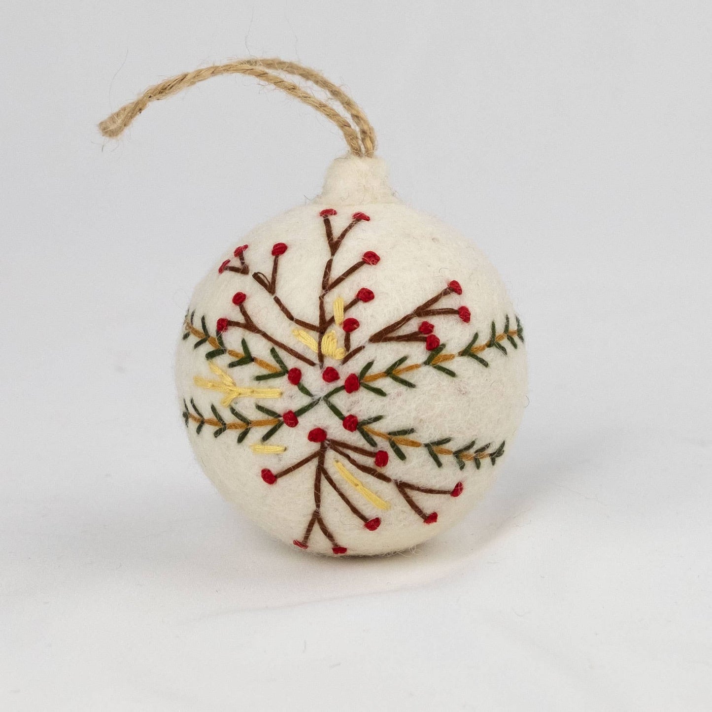Holiday Ornament Hand Embroidered White Felt