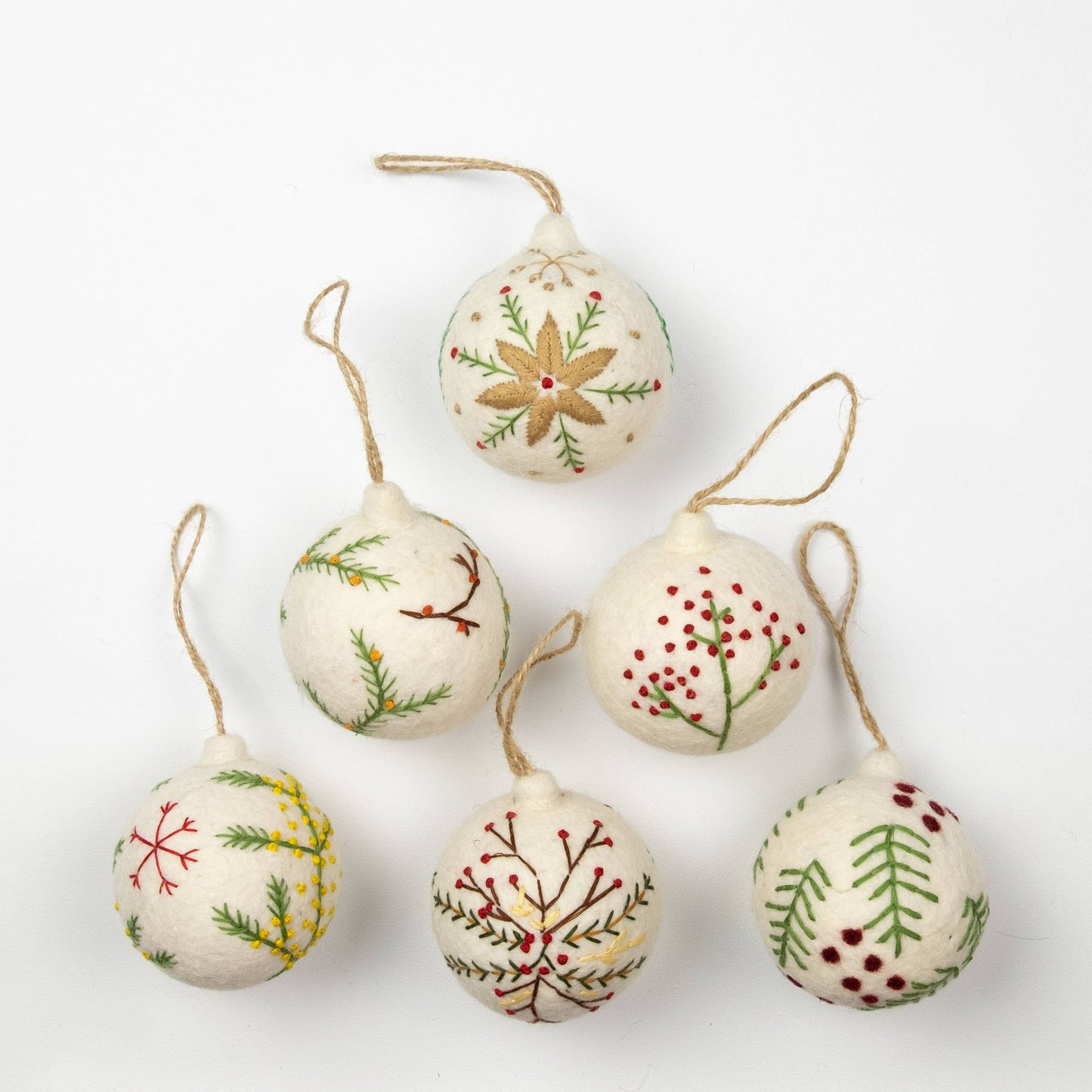 Holiday Ornament Hand Embroidered White Felt