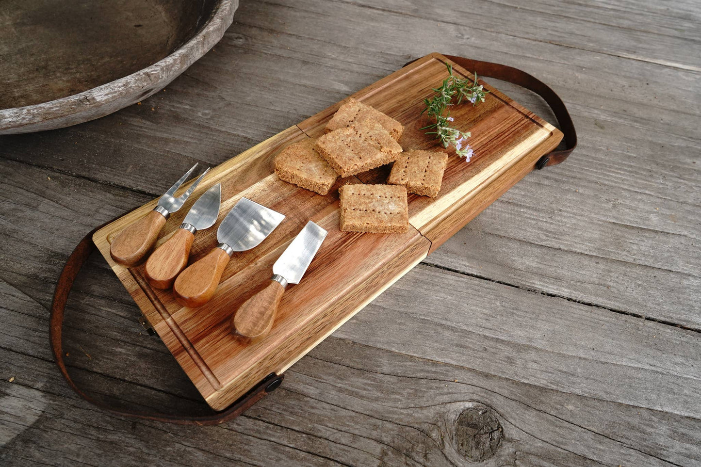Acacia Wood Folding Charcuterie Board w/Cheese Knives