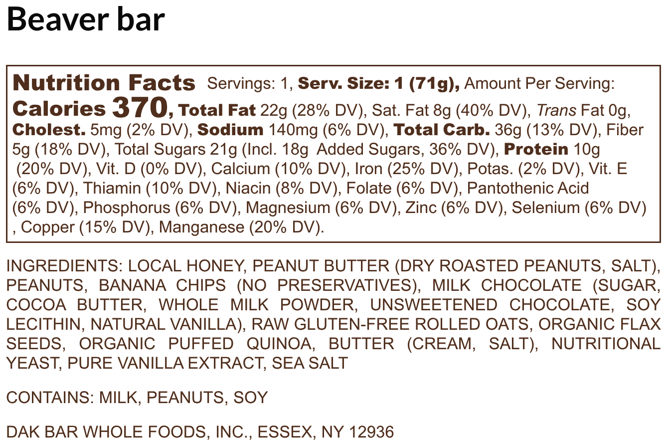Beaver Bar -Milk Chocolate, Peanut Butter & Banana Snack Bar