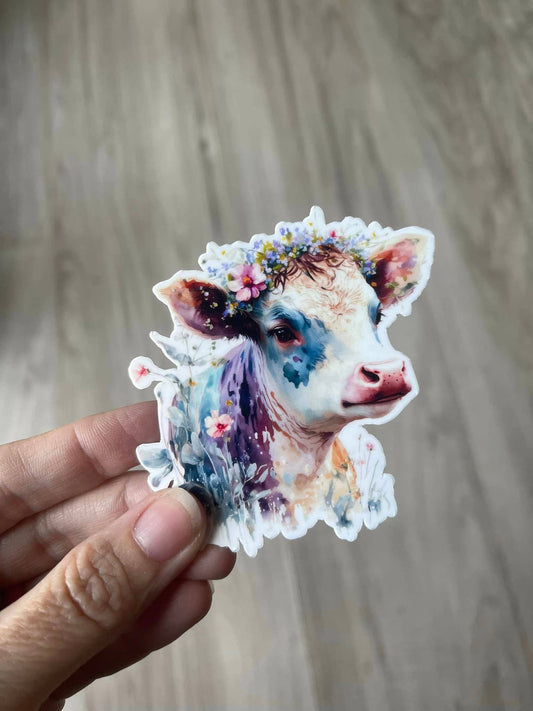 Cute Cow Wild Flowers Crown Die Cut Vinyl Sticker: Rainbow Holo / Loose/unpackaged
