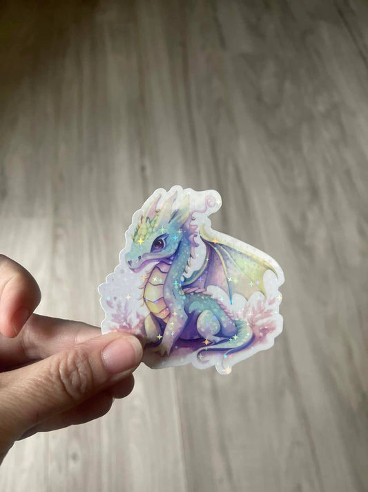 Pastel Rainbow Holographic Dragon Die Cut Vinyl Sticker