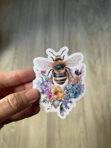 Bumble Bee & Flowers Holographic Die Cut Vinyl Sticker