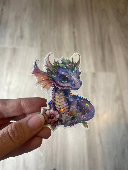 Green Nature Dragon Die Cut Vinyl Sticker: Rainbow Holo / Loose/unpackaged