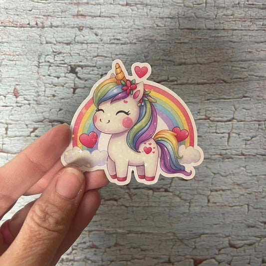 Cute Happy Unicorn Rainbow Holographic Die Cut Vinyl Sticker