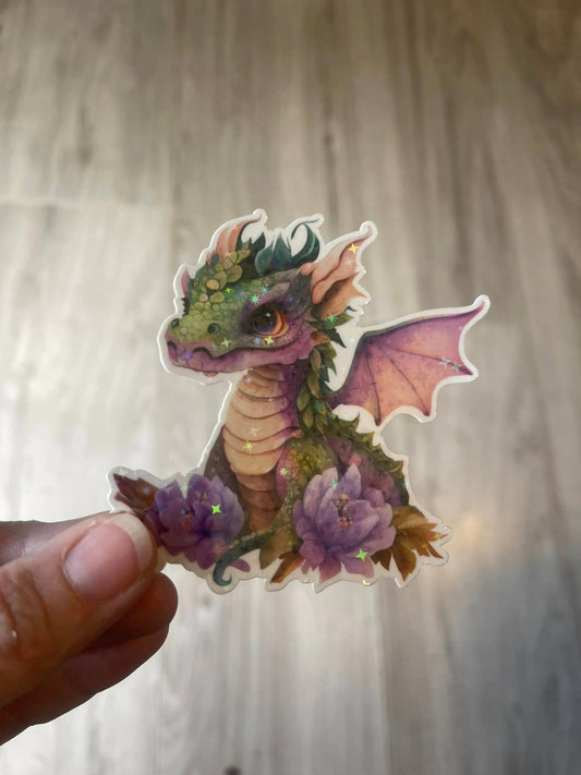 Green Nature Dragon Die Cut Vinyl Sticker: Broken Glass Holo / Loose/unpackaged