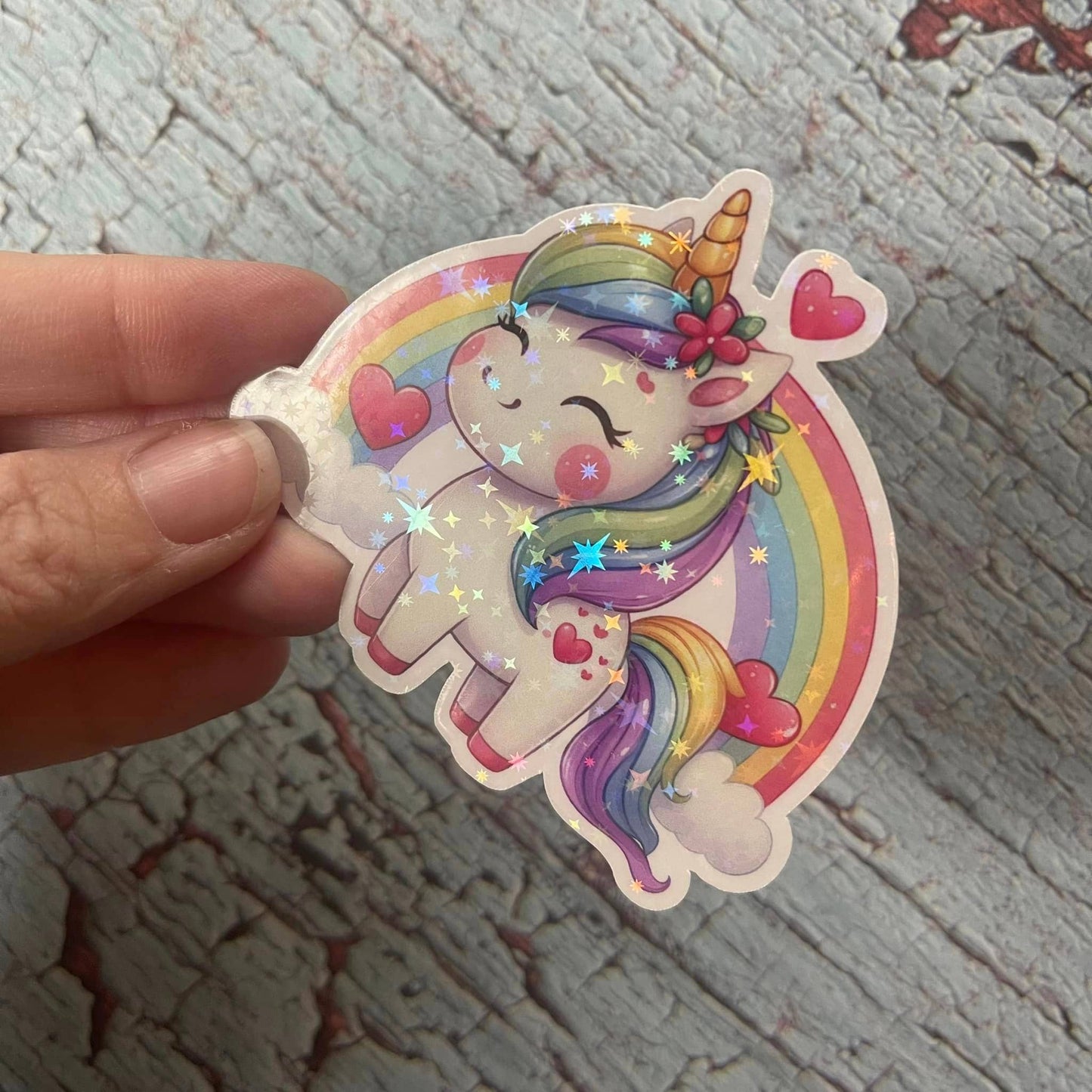 Cute Happy Unicorn Rainbow Holographic Die Cut Vinyl Sticker