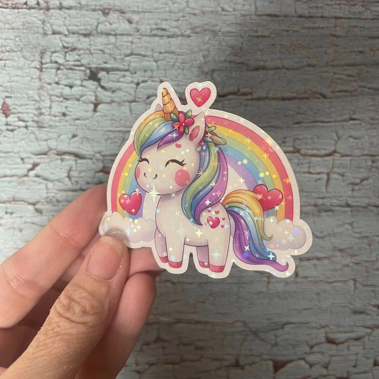 Cute Happy Unicorn Rainbow Holographic Die Cut Vinyl Sticker