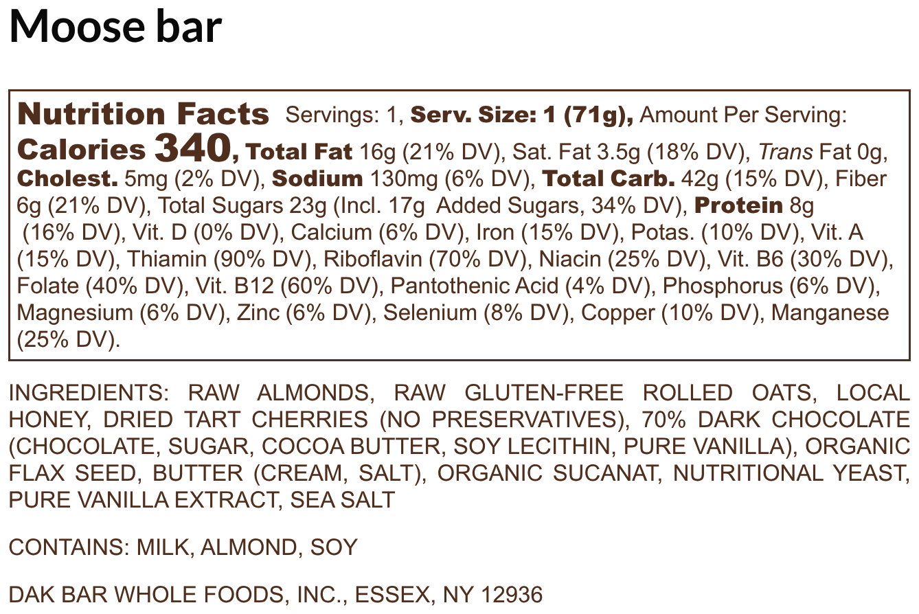 Moose Bar - Dark Chocolate, Almonds & Cherries Snack Bar