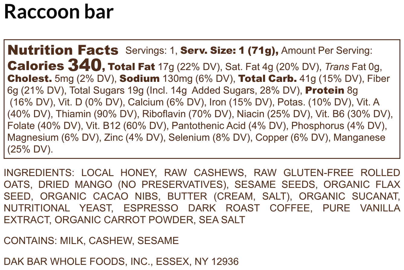 Raccoon Bar - Cashew, Mango, Cacao, & Coffee Bean Snack Bar