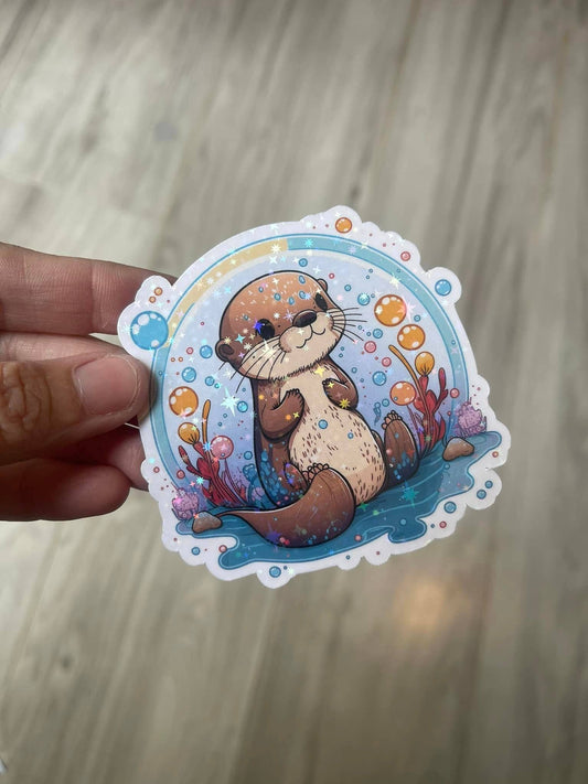 Sea Otter Bubbles Rainbow Die Cut Vinyl Sticker