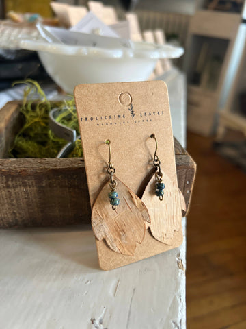 Birch Bark Leaf Earrings with Lake Blue Beads